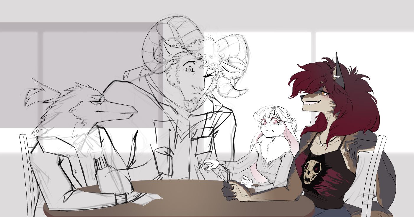 An unfinished drawing of a wolf, a rabbit, a ram, and a raven playing games.
